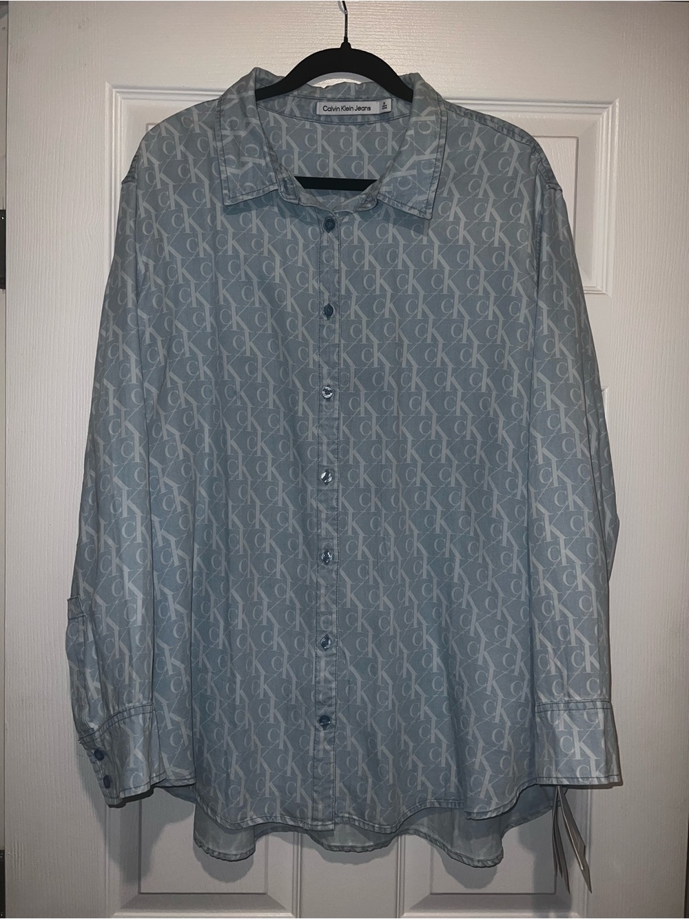 Calvin Klein Light Blue “Denim “ All-Over CK Logo Button-Down Shirt